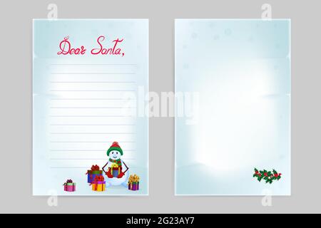 Weihnachtswunsch. Vorder- und Rückseite. Inschrift: Lieber Weihnachtsmann. Ein Schneemann mit Geschenken und einem Zweig Holly. Vektorgrafik im Cartoon-Stil. Stock Vektor