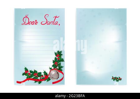 Vorlage der Weihnachtswunschliste mit einer Zeichnung. Zwei Seiten zum Drucken. Bild von einem Holly Baum und Santa's Glocke. Vektor-Illustration mit einem neuen Yea Stock Vektor