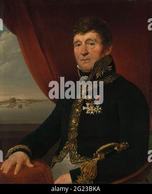 Jan Blanken Jansz., Superintendent oder Wasserwerk. Jan Blanken (1755-1838) ist in der Uniform des Generalinspektors der Wasserwirtschaft gekleidet. Er trägt die Orderzeichnung (von links nach rechts) beim Orden des Roten Adlers von Preußen, dem Orden des niederländischen Löwen und dem Orden der Ehrenlegion. Im Hintergrund ist wahrscheinlich Willemssluizen in Amsterdam abgebildet. Die Willemssloots haben Zugang zum North Holland Channel, der 1824 fertig gestellt wurde und eines der bekanntesten Werke war von den Weißen aus dem Wasserbau. Die Schlösser wurden nach dem Kunden König Willem I. benannt Stockfoto