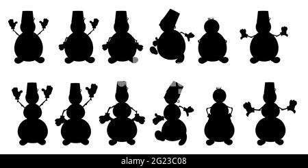 Eine Reihe von Silhouetten von lustigen Schneemännern in verschiedenen Posen. Weihnachtskollektion von isolierten Charakteren, schwarz auf weißem Hintergrund. Vektorgrafik. Stock Vektor
