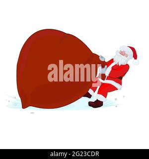 Fröhlicher Weihnachtsmann in einem roten Anzug zieht eine große und schwere Tasche mit Geschenken. Weihnachtsvektor Illustration, um Ihr Banner oder Website zu schmücken. Isoliert Stock Vektor