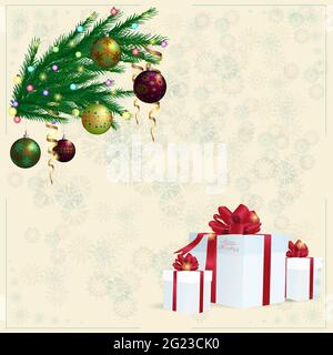 Hintergrund für Weihnachtskarten mit Weihnachtsthema. Fichtenzweig, Weihnachtsspielzeug, Luftschlangen, Geschenke in weißen Schachteln, rote Bänder, Schneeflocken, Winter f Stock Vektor