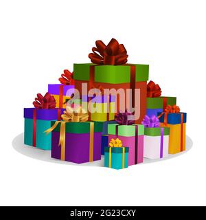 Ein Haufen Geschenke in farbenfroher Verpackung. Set von Boxen für Herzlichen Glückwunsch. Das Konzept des Urlaubshopping. Isoliert auf weißem Hintergrund. Vektorillust Stock Vektor