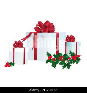 Traditionelle Weihnachtsgeschenke in weißen Schachteln mit einem roten Band und einem Zweig Holly. Isoliert auf weißem Hintergrund. Vektorgrafik. Stock Vektor