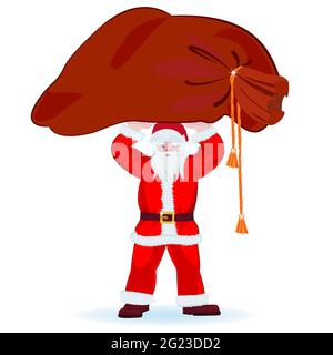 Der Weihnachtsmann in einem roten Anzug hält über seinem Kopf eine große Tasche mit Geschenken. Isoliert auf weißem Hintergrund. Vektorgrafik. Das Konzept einer starken Chara Stock Vektor