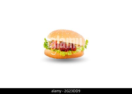 Hühnchen-Hamburger mit Gemüse isoliert auf weißem Hintergrund Stockfoto