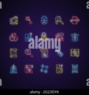 Escape Room Neonlicht-Symbole gesetzt Stock Vektor