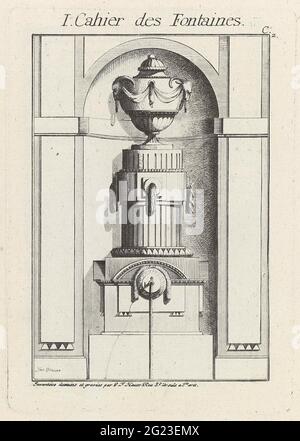 Brunnen mit antiker Vase; I Cahier des Fontaines; Dessoints de la Fashion Neuve au Gicht Antique (...). Design für eine Nische mit einem Sockel mit Wasserstrahl auf einer antiken Vase mit zwei Widder-Kappen. Stockfoto