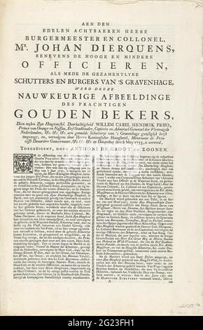 Textblatt zum Druck des goldenen Bechers von Den Haag Schutterij, 1753; AEN Den Noenbaeren Heere Burger en Collonel, Mr. Johan Dierquens (...). Textblatt mit einer Beschreibung des goldenen Bechers von Stadholder Willem IV., der dem Schutterij in Den Haag versprochen und nach seinem Tod von Prinzessin Anna am 8. Mai 1753 überreicht wurde. Der Becher von Philippe Métayer in Amsterdam. Gefaltetes Blatt auf drei Seiten bedruckt mit der Beschreibung und einem frischen. Stockfoto