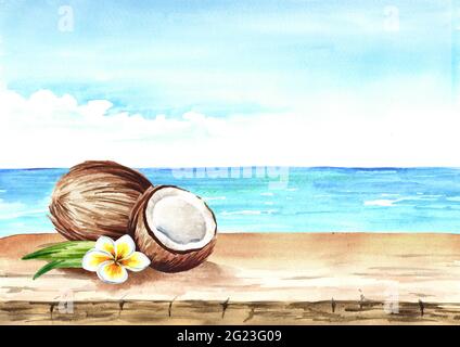 Sommerhintergrund mit Kokosnuss, leerem Tisch und Meer. Aquarell handgezeichnete Illustration Stockfoto
