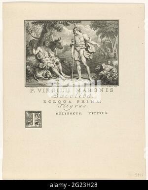 Dialog zwischen den Hirten tityrus und meli boeus; P. Virgilii Maronis Bucolica; Performances aus Vergilius' Bucolia. Umgeben von ihrem Vieh führen die beiden Hirten Titrus und meli boeus im Freien durch. Auf der gleichen Platte links unterhalb dieser Show befindet sich eine verzierte Initiale mit der Darstellung eines Flötenhirten. Diese Illustration stammt aus dem ersten Gedicht aus Vergilius' Bucolicica. Stockfoto