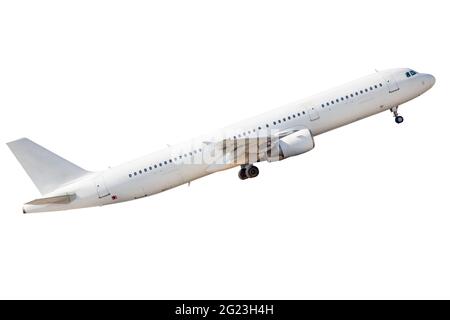 Weiße Ebene isoliert auf weißem Hintergrund. Das Charterflugzeug fliegt. Stockfoto