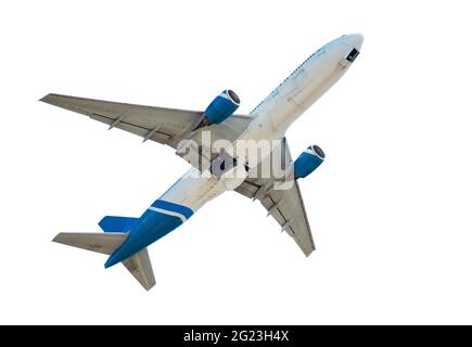 Weiße Ebene isoliert auf weißem Hintergrund. Das Charterflugzeug fliegt. Stockfoto