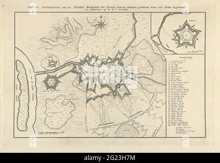 Belagerung von Bergen op Zoom, 1747; Neue Markierung der Stadt Bergen op Zoom, dort für Orte, die von einem französischen Ingenieur unterzeichnet wurden. Karte mit der Belagerungslage von Bergen op Zoom von den Franzosen Juli-September 1747. Oben rechts eine Wette mit dem Fort Lillo, unter der Legende 1-38 und A-D Stockfoto