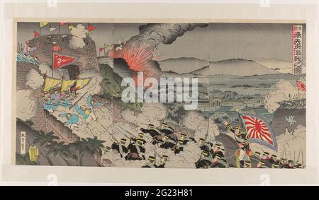 Der heftige Kampf in der Provinz mukden in der Manhomeria; Shinkoku hôtenfu zitiert No zu. Japanische Soldaten in schwarzer Winteruniform stürmen während des ersten chinesisch-japanischen Krieges (1894-1895) einen Zweig im Bezirk Mukden (zeitgenössisches Liaoning). Stockfoto