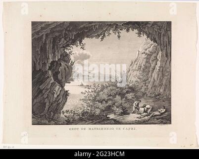 Blick auf eine bergige Landschaft und das Meer, von der Höhle Matrimonio auf der Insel Capri; Höhle der Matrimonio, bis Capri ... Stockfoto