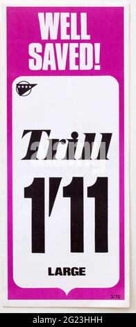 1970er Shop Werbung Preis Display Label - Trill Bird Seeds Stockfoto