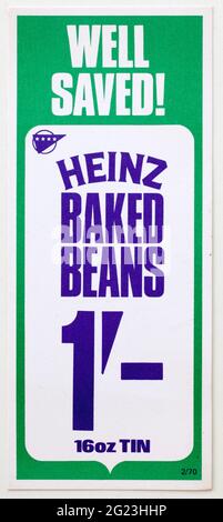 1970er Shop Werbung Preisschild - Heinz Baked Beans Stockfoto