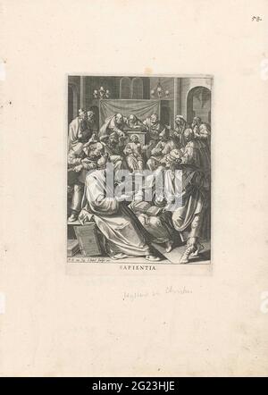 Christus inmitten der Lehrer: Weisheit; Sapientia; Tugenden Christi; Virutes Iesu Christi Filii Dei Vivi. Der zwölfjährige Christus zwischen den Schriftgelehrten im Tempel. Der dritte Druck einer achtsprachigen Serie mit Szenen aus dem Leben Christi, die ihre wichtigsten Tugenden darstellen. Stockfoto