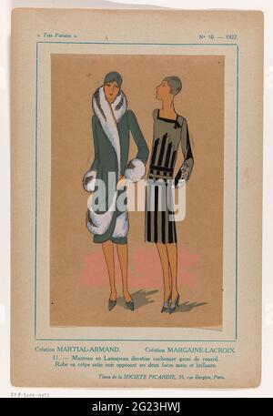 Très Parisien, 1927, Nr. 10: -11. Création Martial-Armand. Création Margaine-Lacroix. / 11. - Manteau (...). Martial-Armand Design und ein Design von Margaine-Lacroix. Santry von 'Lamapeau Duvetine Cachemire', garniert mit Fuchspelz. Kleid aus schwarzem Crepe-Satin. Stoffe DER SOCIETE PICARDIE. Druck aus dem Modemagazin Très Parisien (1920-1936). Stockfoto