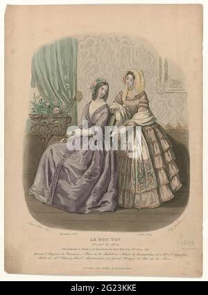 Le Bon Ton, Journal des Modes, 1846, 12. Année, 2. Voll. 17. LIV. Nr. 29: Motorhaube & Chapeau (...). Zwei Frauen in einem Innenraum. Laut der Bildunterschrift: hut und Hut von Mariton. CONSTANTIN blüht. Witze van Thiery. Handschuhe von Mayer. Druck aus dem Bodenmagazin Le Bon Ton (1834-1884). Stockfoto