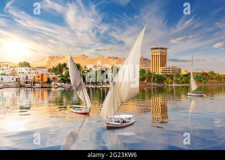 Der Nil und die traditionellen Feluccas in Assuan, Ägypten, wunderschöne Sommerlandschaft Stockfoto