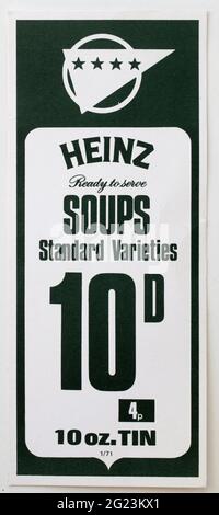 1970er Shop Advertising Price Display Label - Heinz Supps Stockfoto