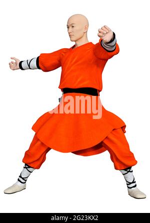 3D-Rendering eines Shaolin Mönch isoliert Trainieren auf weißem Hintergrund Stockfoto