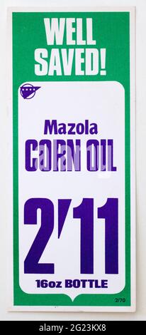 1970er Shop Advertising Price Display Label - Mazola Corn Oil Stockfoto