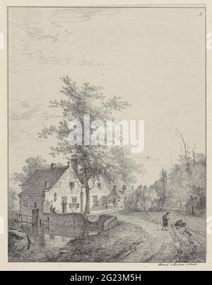 Landstraße mit Häusern; Landschaften. Auf der linken Seite ein Fluss entlang einer Gruppe von Häusern. Ein Baum für die Häuser. Rechts verläuft ein Weg mit zwei Figuren und einem Hund im Vordergrund. Im Hintergrund Pferd und Kutsche. Stockfoto