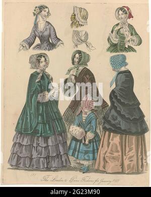 The World Of Fashion, Januar 1851: The London & Paris Moden (...). Modi für Januar 1851 aus London und Paris. Unten: Drei Frauen, stehend, in verschiedenen Mänteln auf breiten Röcken. Kinderkleidung: Mädchen in Japon und Bloomers. Mull aus Fell. Oben: Zwei Frauen, halb so groß, in Kleidern mit eckigem Ausschnitt und breiten Ärmeln. Zwei Hüte. Druck aus dem Mode-Magazin The World of Fashion (1824-1891). Stockfoto