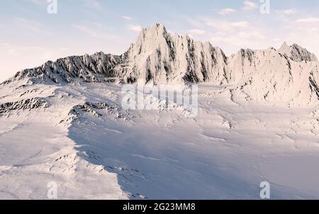 Verschneite Berge im Hintergrund, 3d-Rendering. Digitale Zeichnung des Computers. Stockfoto