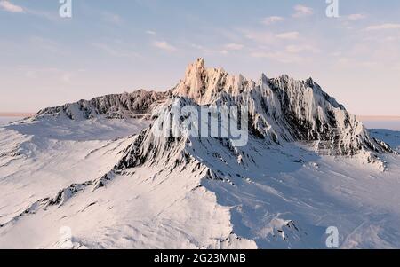 Verschneite Berge im Hintergrund, 3d-Rendering. Digitale Zeichnung des Computers. Stockfoto