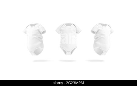 Weißer, halbärmeliges Baby-Bodysuit-Modell, Vorderansicht, 3d-Rendering. Leere Baumwoll-Babygro-Slider vernachteten, isoliert. Durchsichtiger Einteiler mit Knöpfen Stockfoto