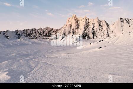 Verschneite Berge im Hintergrund, 3d-Rendering. Digitale Zeichnung des Computers. Stockfoto