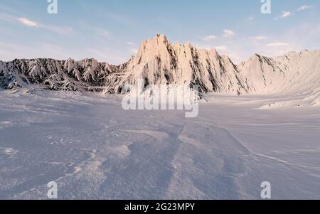 Verschneite Berge im Hintergrund, 3d-Rendering. Digitale Zeichnung des Computers. Stockfoto