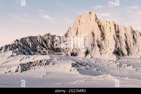 Verschneite Berge im Hintergrund, 3d-Rendering. Digitale Zeichnung des Computers. Stockfoto