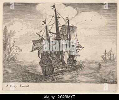 Drei-Sterne-Segelschiff mit einer felsigen Küste mit Bäumen; Segelschiffe. Der Druck ist Teil einer sechsteiligen Serie mit Aufführungen verschiedener Segelschiffe. Stockfoto
