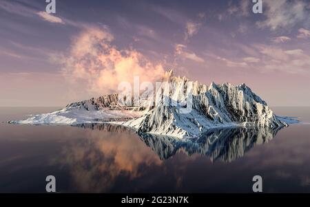 Verschneite Berge mit Sonnenuntergangshintergrund, 3d-Rendering. Digitale Zeichnung des Computers. Stockfoto