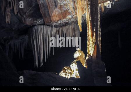 Details von Stalaktiten in den Jenolan Caves, in der Nähe von Sydney, Australien Stockfoto