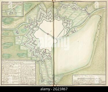 Karte von Saint-Ghislain, 1711; Plan von St. Gislain mit den Werken, die Nieu Ao machte. 1711. Karte der Stadt Saint-Ghislain mit den neuen Verstärkungen, die 1711 festgelegt wurden. Unten links der Titel und die Legende A-X auf Niederländisch. Unten rechts die Skala und der Durchmesser der Wälle. Die Zeichnung enthält ein separates doppelgefaltetes Blatt mit einer Erklärung des Ingenieurs Seys, warum die Pläne für die neuen Beutel erstellt wurden. Teil einer Sammlung von signierten Plänen von verstärkten Orten in den Niederlanden und den umliegenden Ländern zur Zeit des Spanischen Erbfolgekrieges (Teil c). Stockfoto