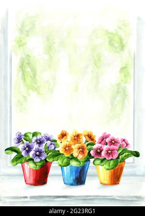 Helle farbige Topfblumen auf der Fensterbank, Aquarell handgezeichnete Illustration isoliert auf weißem Hintergrund Stockfoto