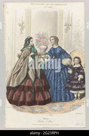 Journal des Jeunes personnes, 1857. November 27.ME Année, No. 61: Modes toilettes d'Hiver. Zwei Frauen und ein Mädchen in einem Innenraum. Links: Brauner Boernus mit grüner Zierleiste und grünen Bürsten an den Enden. Breiter brauner Streifenrock garniert mit brüniertem Reifen. Auf dem Kopf ein grüner Hut mit Schleifen verziert mit violetten Blumen. Rechts: Blaues Ensemble mit dunkelblauem Punktmotiv. Unter den Schlauch schnüffeln. Rechts: Lila kariertes Gown mit schwarzem Band. Unten blühende und graue Stiefeletten. Laut der Bildunterschrift: 'Toilettes d'Hiver'. Stockfoto