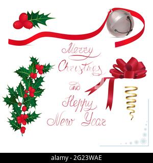 Set für Weihnachtskarte oder Banner: Glocke, rotes Band, Schleife, Holly, Streamer, Frohe Weihnachten und Neujahrsschrift. Vektordarstellung im realistischen Stall Stock Vektor