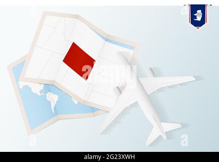 Reise nach Wyoming, Flugzeug von oben mit Karte und Flagge von Wyoming. Reise- und Tourismus-Banner-Design. Stock Vektor