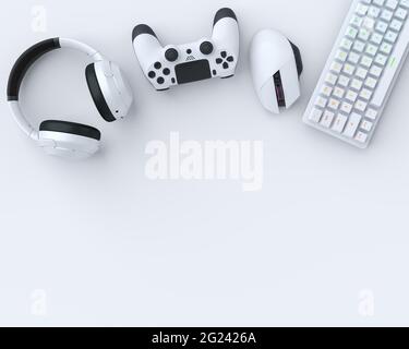 Draufsicht auf Gamer-Getriebe wie Maus, Tastatur, Joystick und Kopfhörer auf Weiß Stockfoto