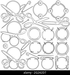 Set von Vektorschildern mit Nähzubehör. Isolierte Objekte auf weißem Hintergrund. Stock Vektor