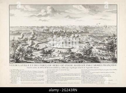 Belagerung von Bergen op Zoom, 1747; Vue de la Ville et des Forts de Berg-op-Zoom Assiege Par l'Armée Françoise Sous Les Ordres de Mgr. Le Mal. Das Lowendalh Le 14 Juillet 1747. Par Assaut Le 16. Septembre. Ansicht der Belagerungs- und Bombardierungen der Stadt Bergen op Zoom durch die französische Armee unter Löwenthal. In der Bildunterschrift die Legende A-Y auf Französisch. Stockfoto