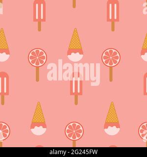 Eiscreme mit nahtlosem Muster. Eine Kugel Vanilleeis mit Sirup in einem Waffelkegel und Orangeneis. Design für Stoff, Textildruck, Geschenkpapier, Stock Vektor