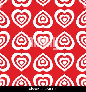 Nahtloses Muster in Herzform. Rot-weißer abstrakter Hintergrund, geometrisches, sich wiederholendes Muster für Stofftextilien. Rotes Herz liebt Romantik. Vektorgrafiken Stock Vektor